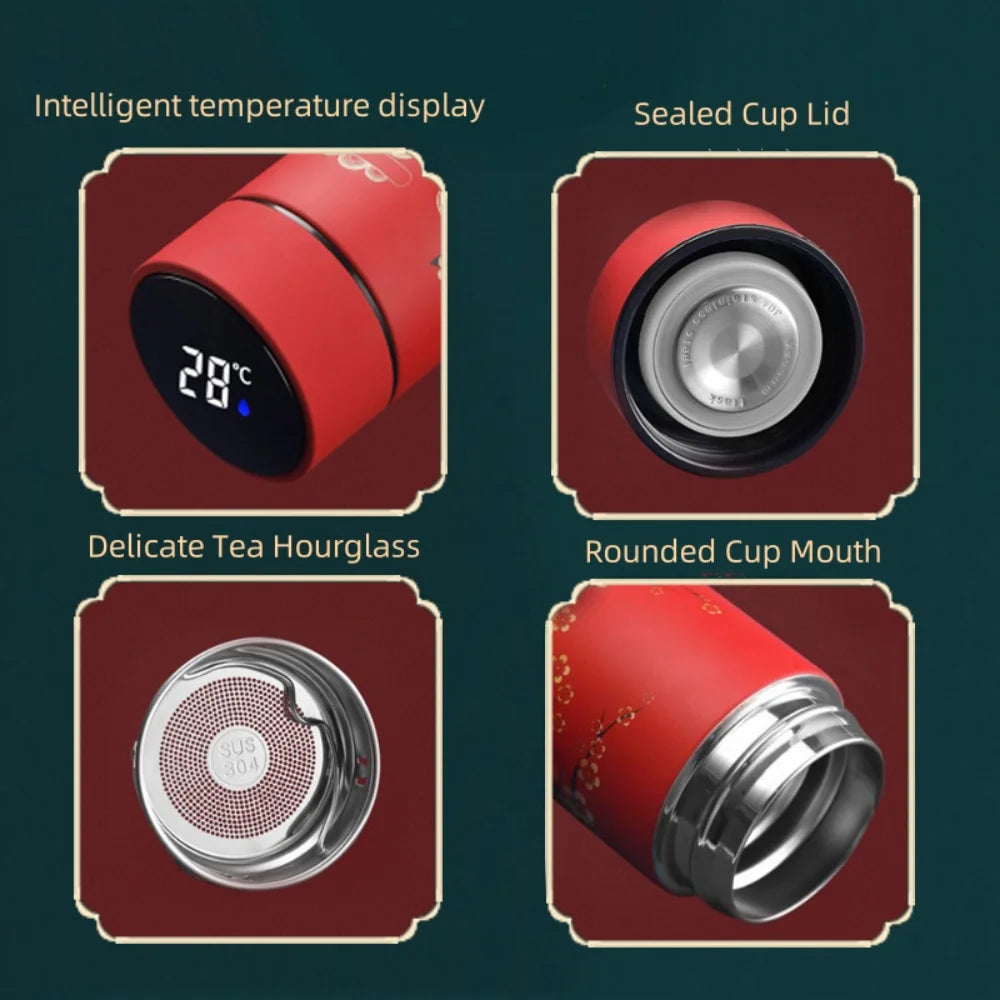 Chinese Style Vacuum Flask with Temperature Display Retro Smart Insulated Water Bottles 304 Stainless Steel Thermal Cu Travel